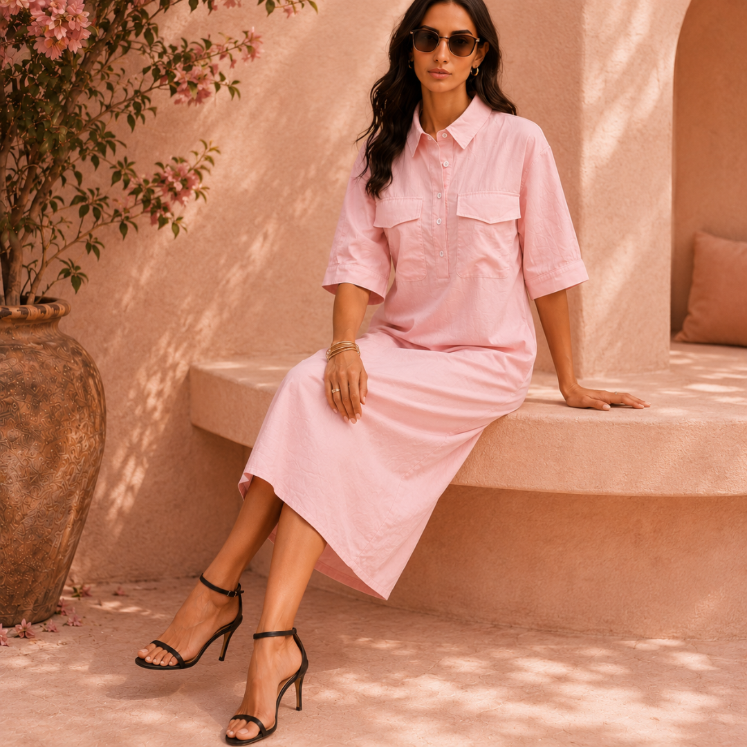 Robe chemise rose midi assise, manches 3/4 et col boutonné visibles