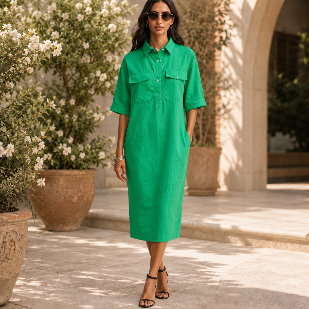 Robe chemise verte midi boutonnée avec poches plaquées sur le devant