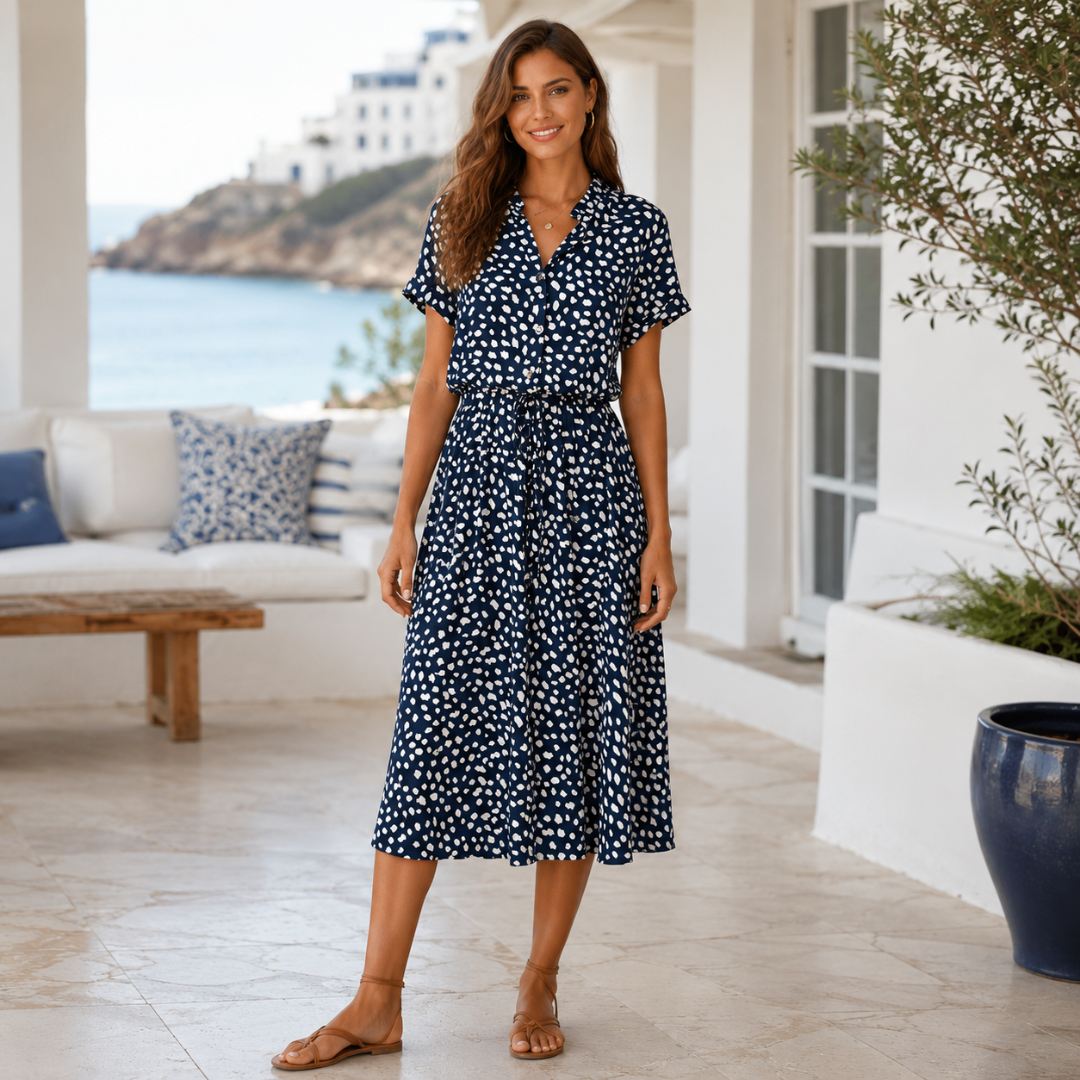 Robe chemise bleu marine mouchetée, jupe midi fluide et col cranté
