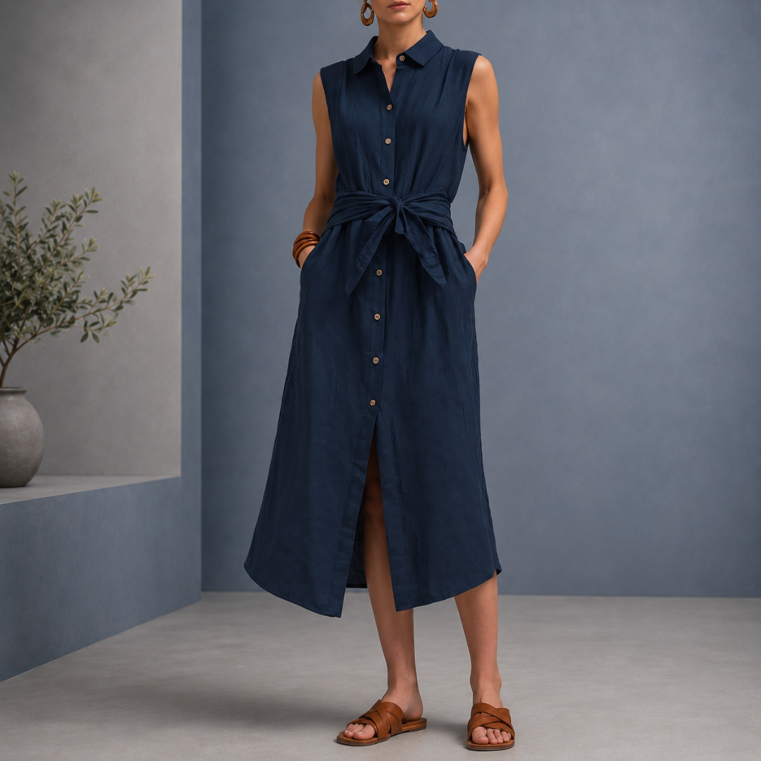 Robe chemise midi bleu marine boutonnée avec col chemise et poches