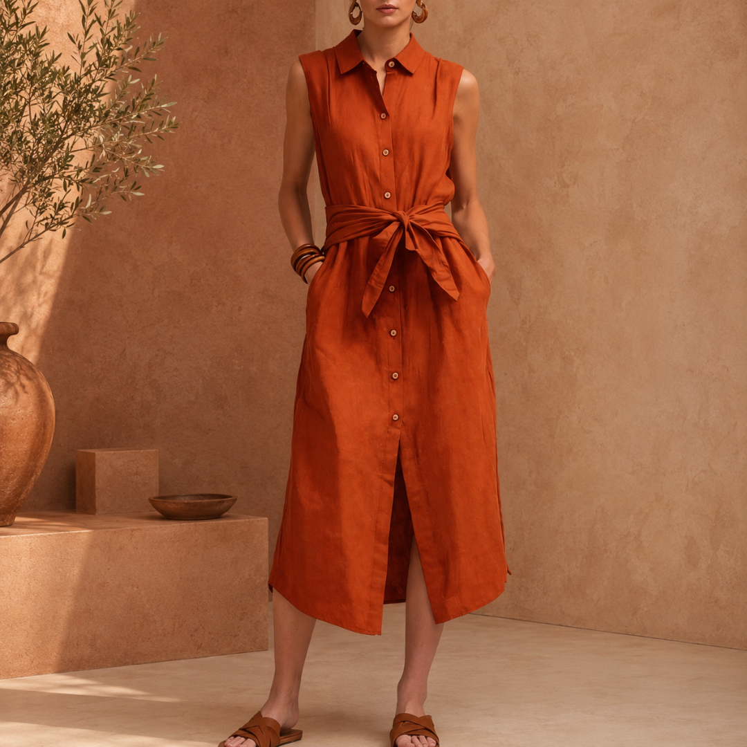 Robe chemise midi orange sans manches avec ceinture nouée et fente