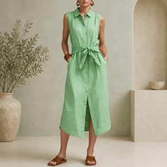 Robe chemise midi vert clair sans manches avec col chemise et fente