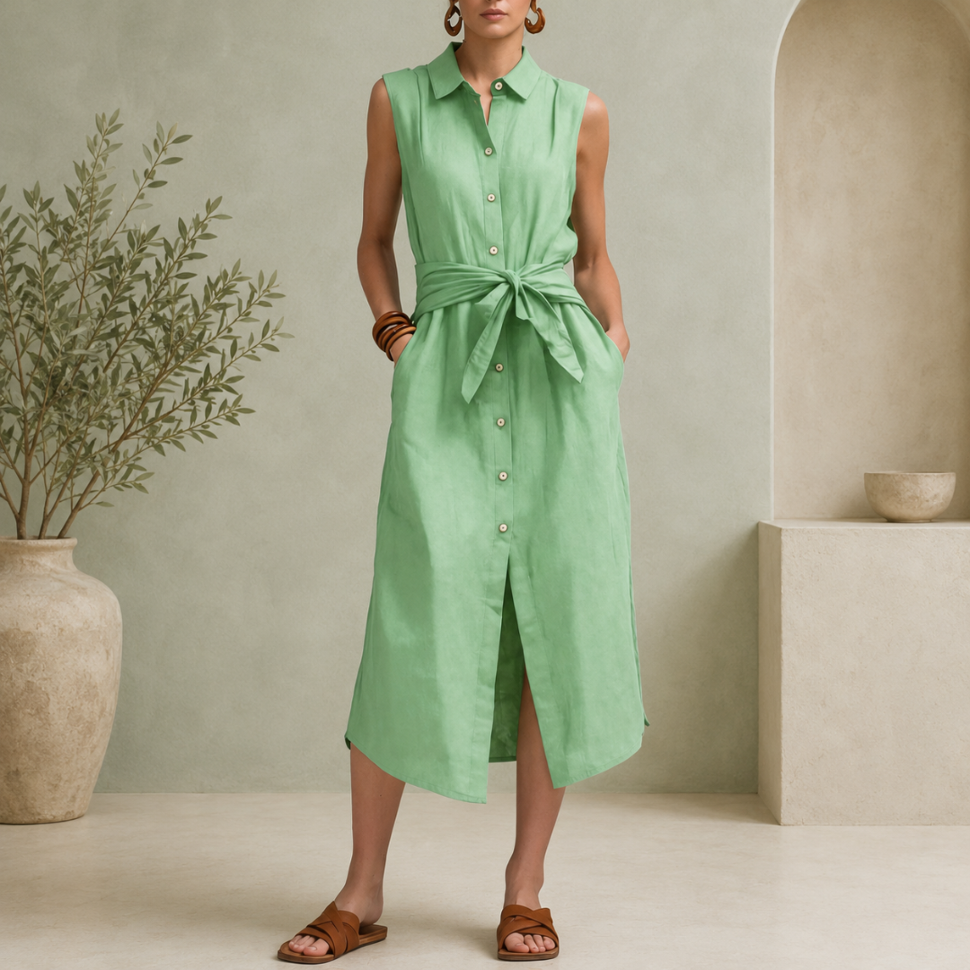 Robe chemise midi vert clair sans manches avec col chemise et fente