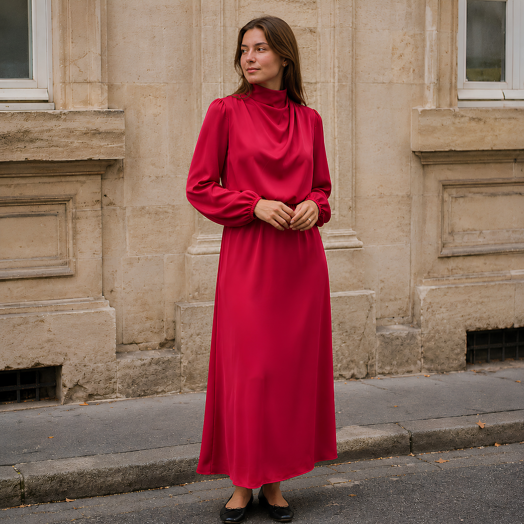 Robe longue rouge à col montant drapé et manches longues bouffantes