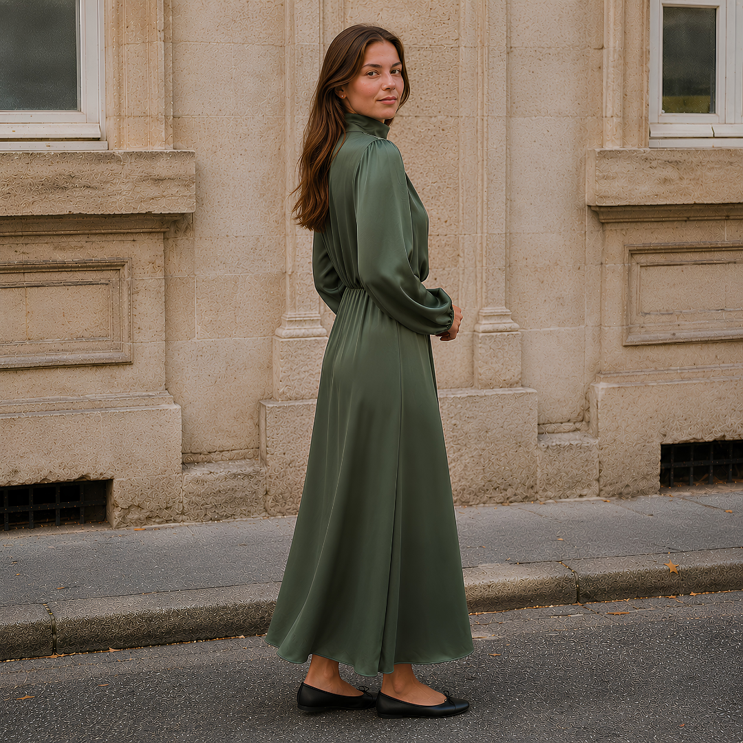 Robe longue vert armée de profil, jupe évasée et taille froncée