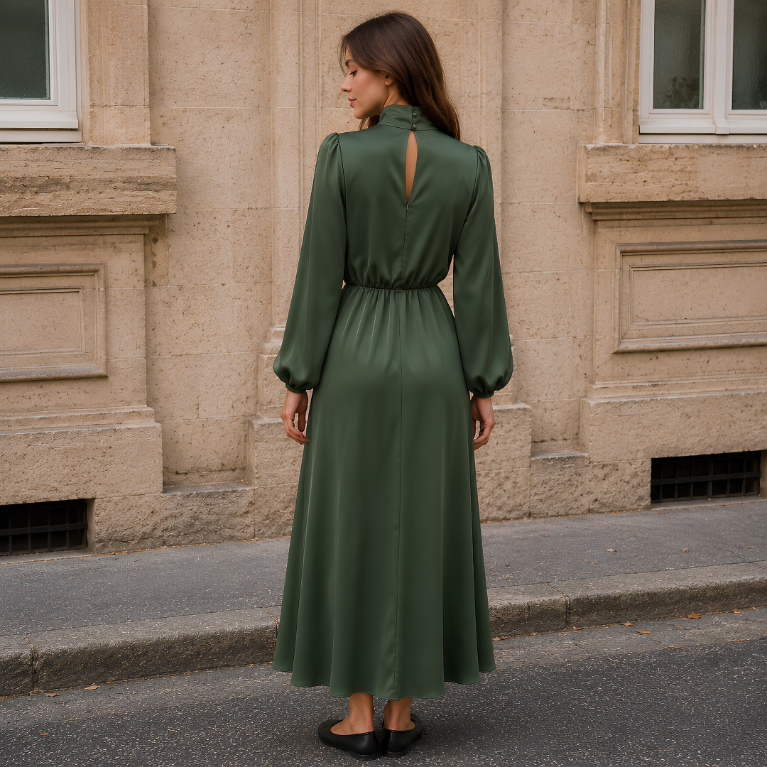 Dos de la robe vert armée avec ouverture goutte boutonnée sous le col montant