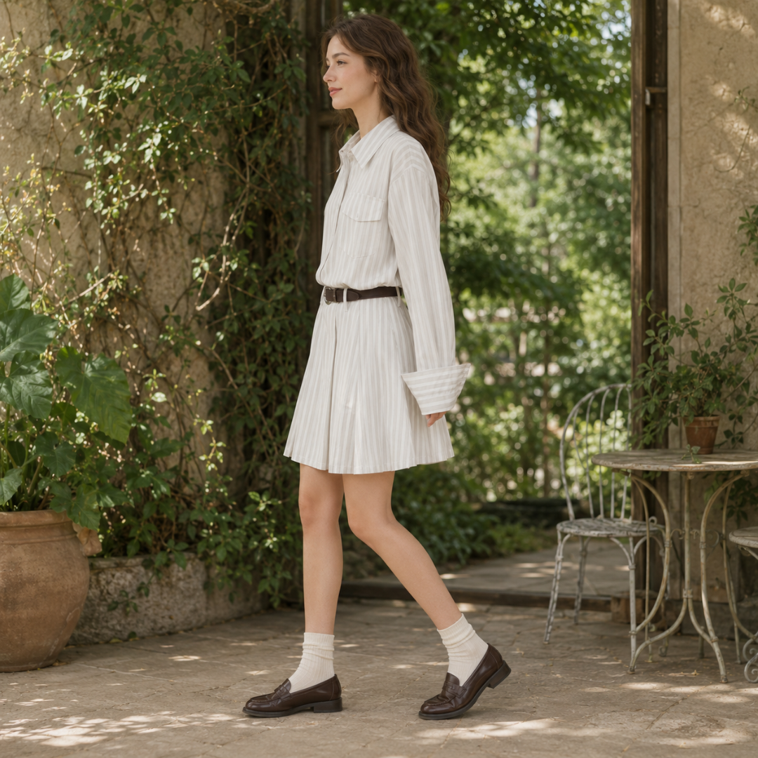 Vue de profil de la robe chemise beige rayée avec ceinture marquant la taille