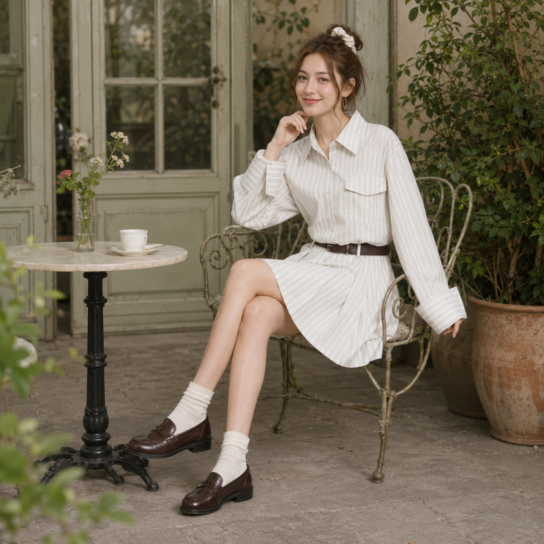 Robe chemise beige rayée portée assise, poche poitrine et jupe plissée visibles