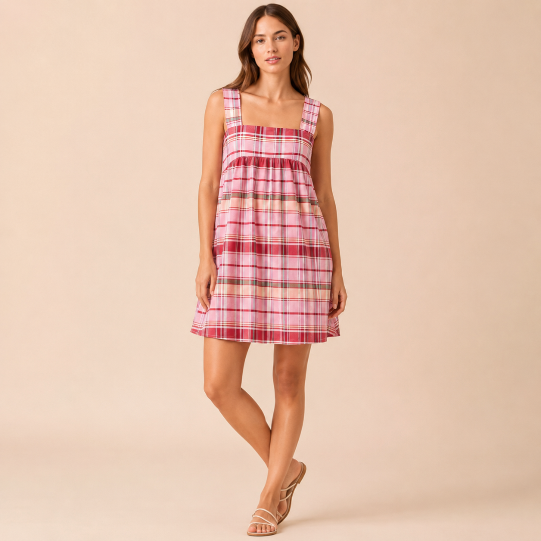 Robe courte femme à carreaux rose, col carré et coupe évasée babydoll, vue de face