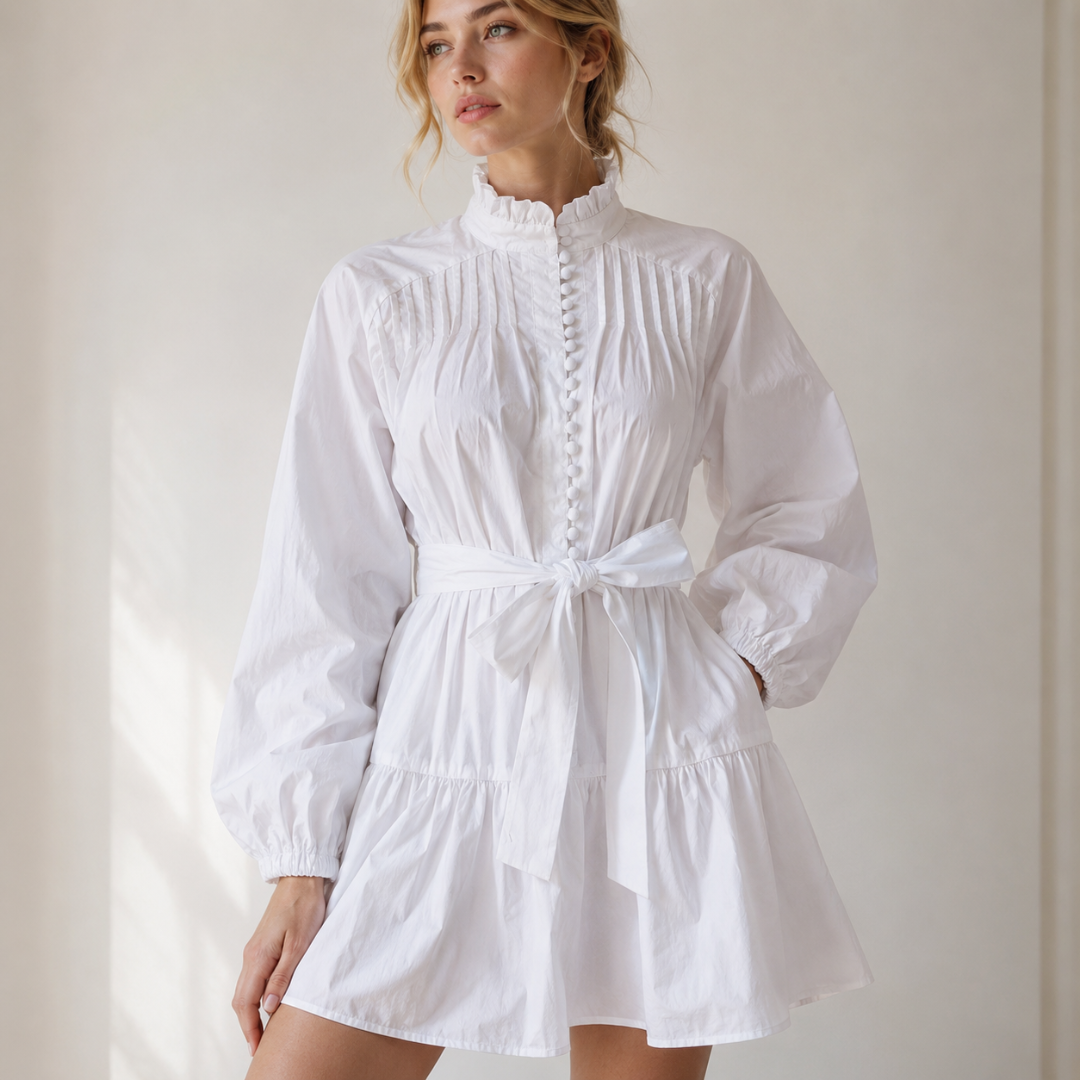 Robe courte blanche avec buste plissé, boutons devant et ceinture nouée à la taille