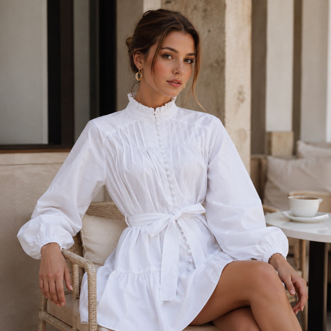 Femme assise en robe courte blanche à col froncé et manches longues bouffantes