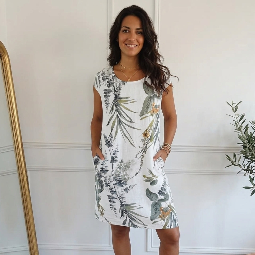 Robe femme courte imprimé floral blanc vue de face avec poches