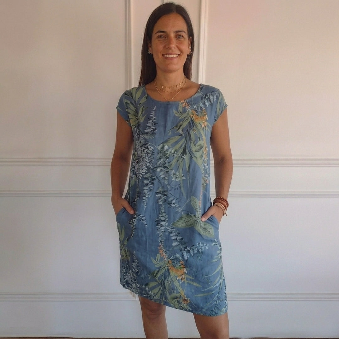 Robe femme imprimé tropical bleu clair vue de profil