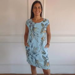 Robe femme courte imprimé tropical bleu clair vue de face