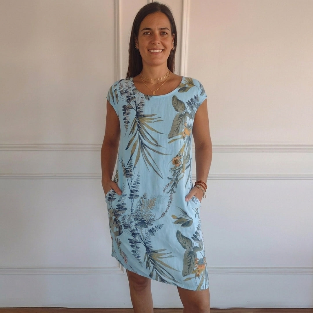 Robe femme courte imprimé tropical bleu clair vue de face