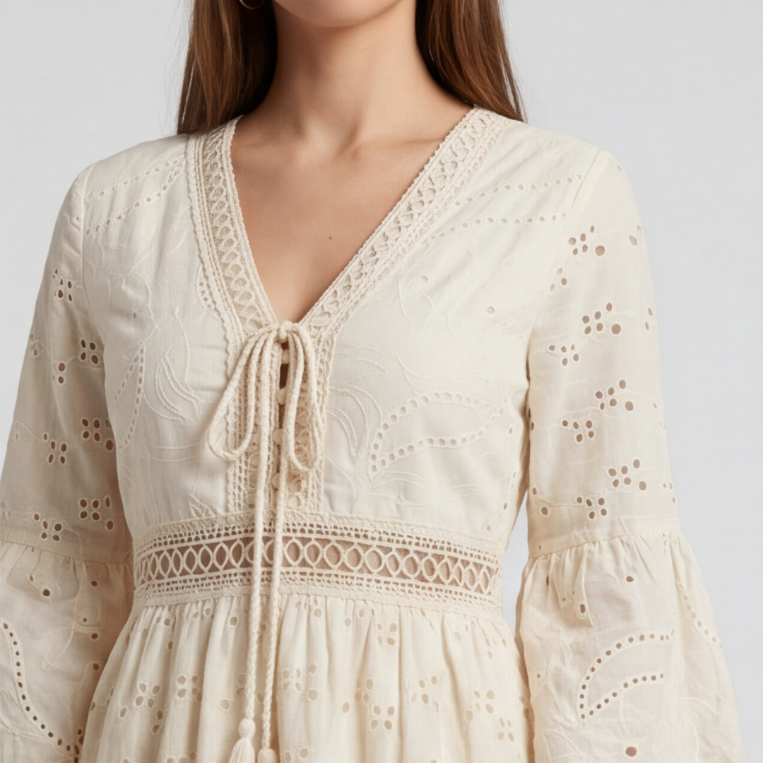 Détail de la ceinture crochetée et du cordon tressé à pompons de la robe Brenna