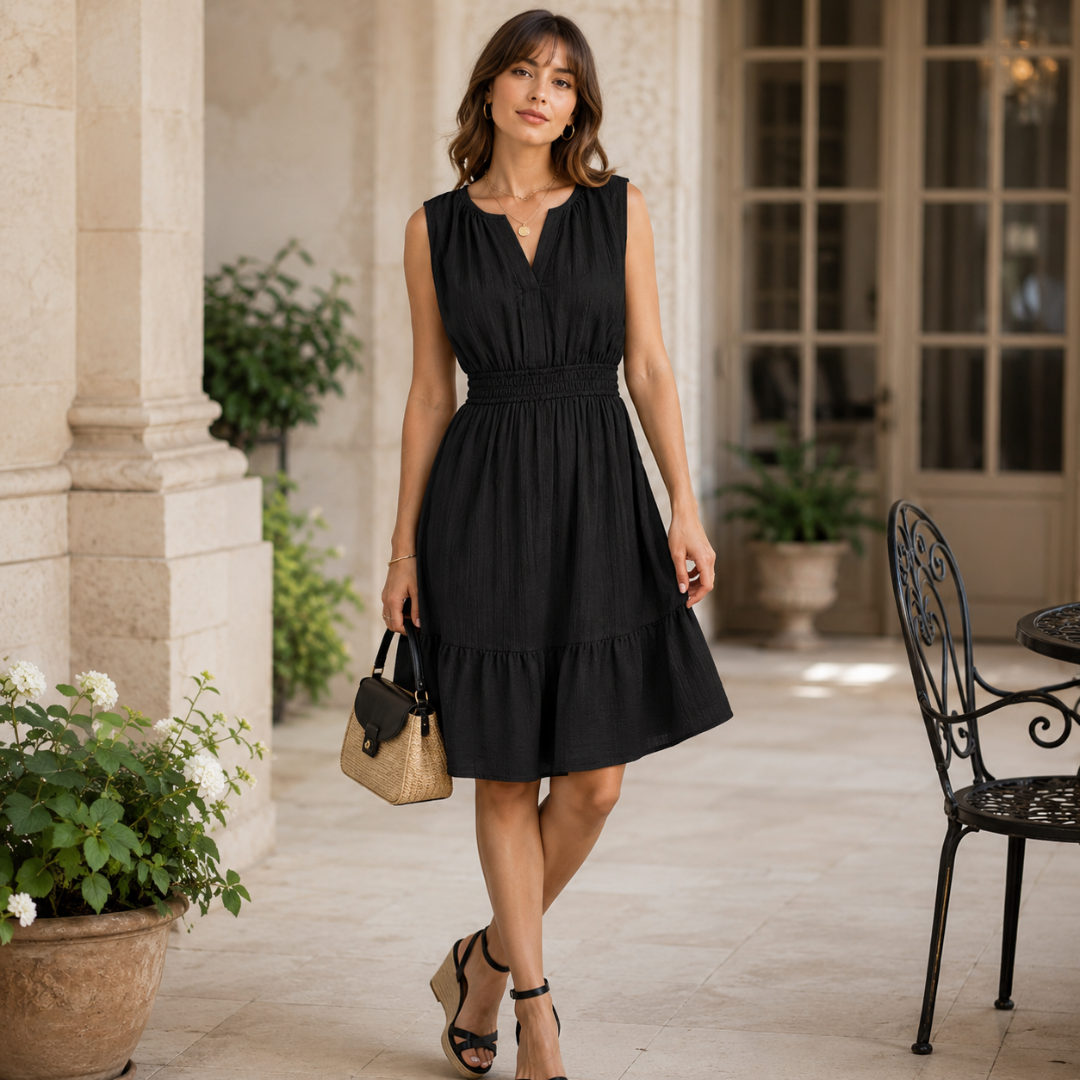 Robe noire courte sans manches, taille smockée marquée, portée avec sandales compensées