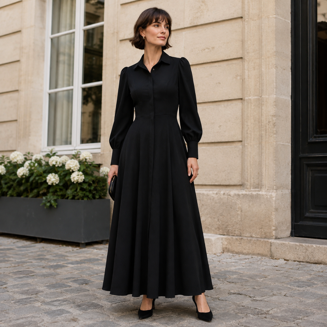 Robe longue noire portée en ville, col chemise et jupe ample très fluide