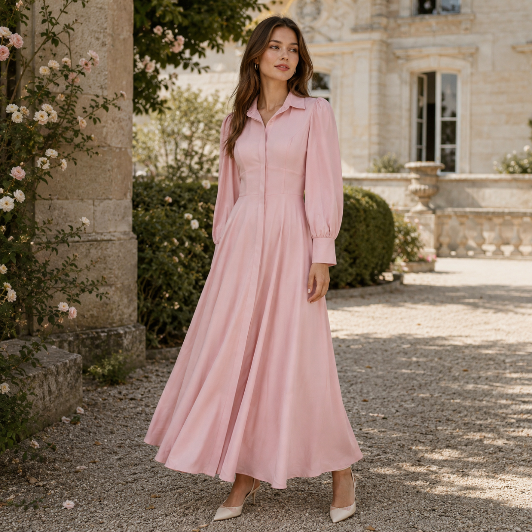 Robe longue rose poudré, boutonnage discret et manches bouffantes à poignets nets
