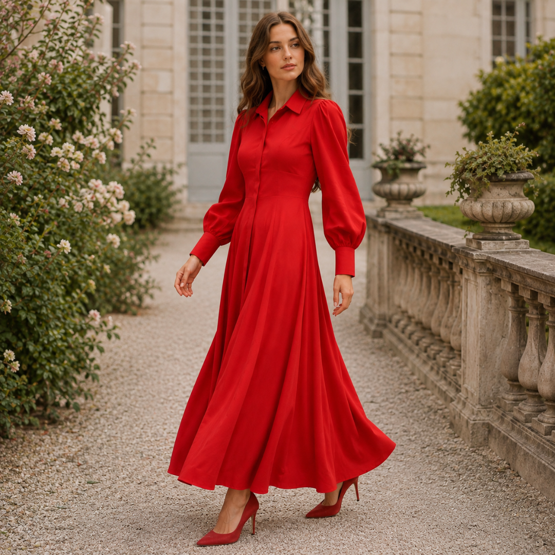 Robe longue rouge en mouvement, jupe ample et découpes marquées à la taille
