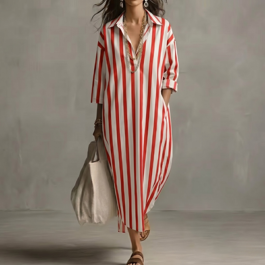 Robe longue rayée rouge et blanc col chemise oversize vue de face