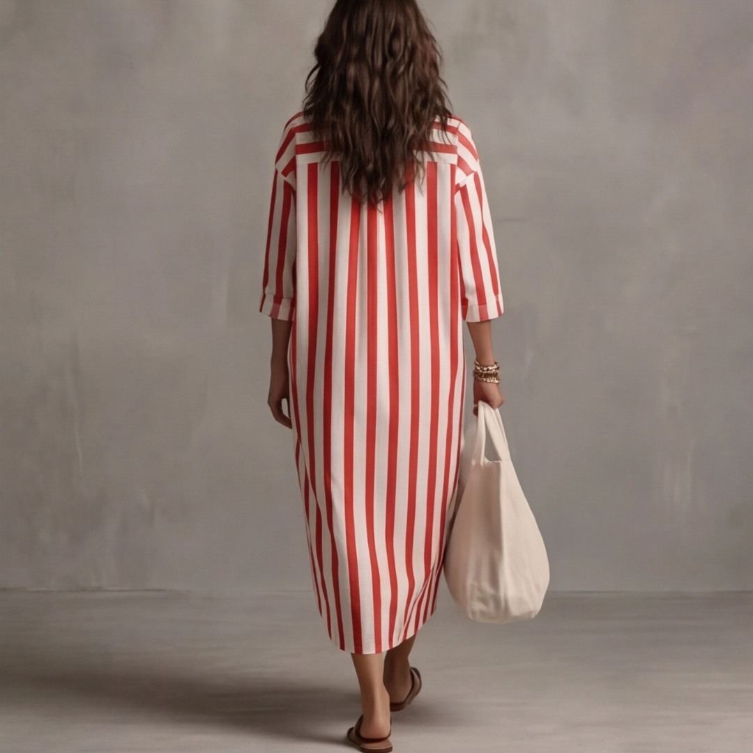 Robe longue rayures rouge vue de dos col chemise