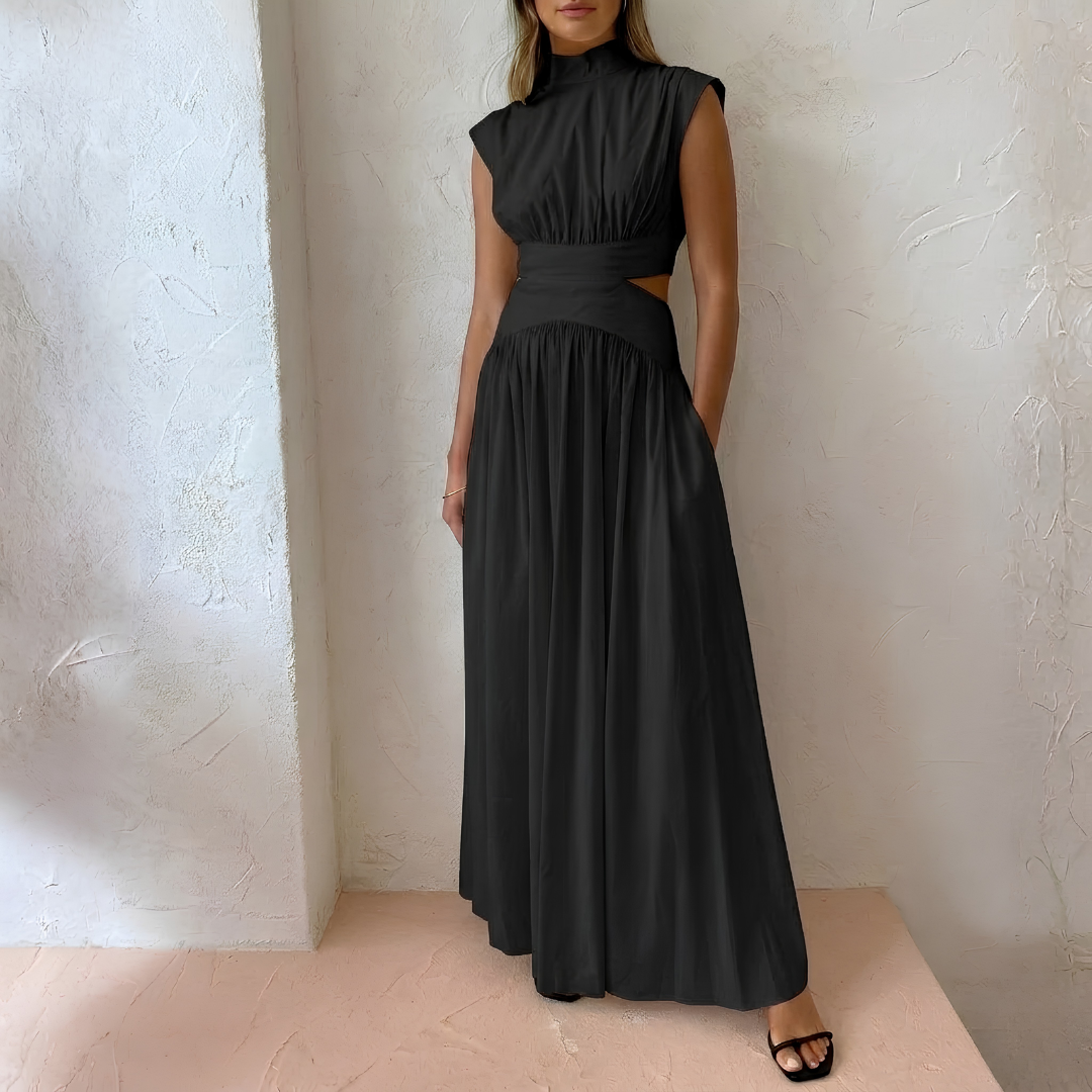 Robe maxi noire col montant sans manches avec découpe à la taille