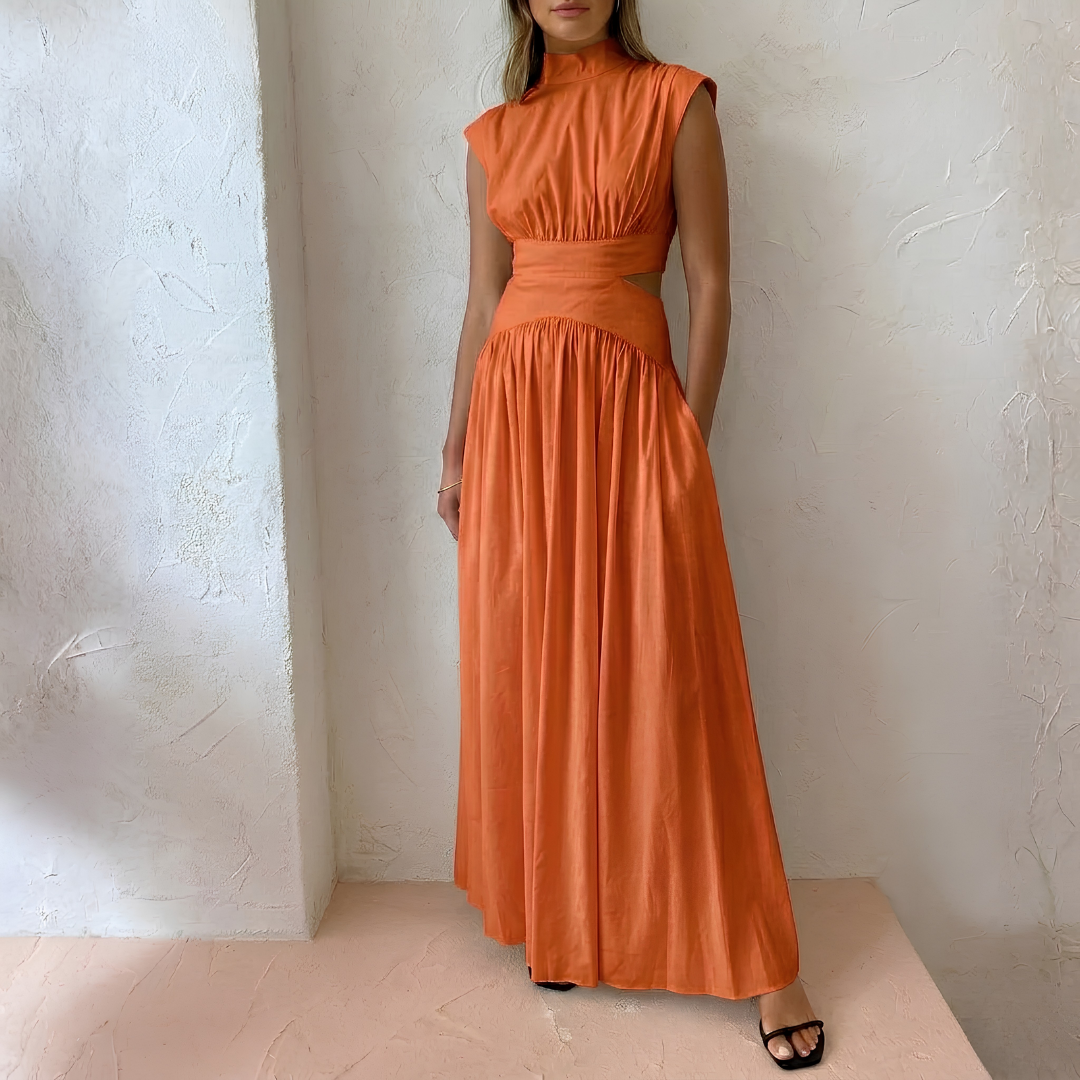 Robe maxi orange sans manches, découpe taille et jupe fluide