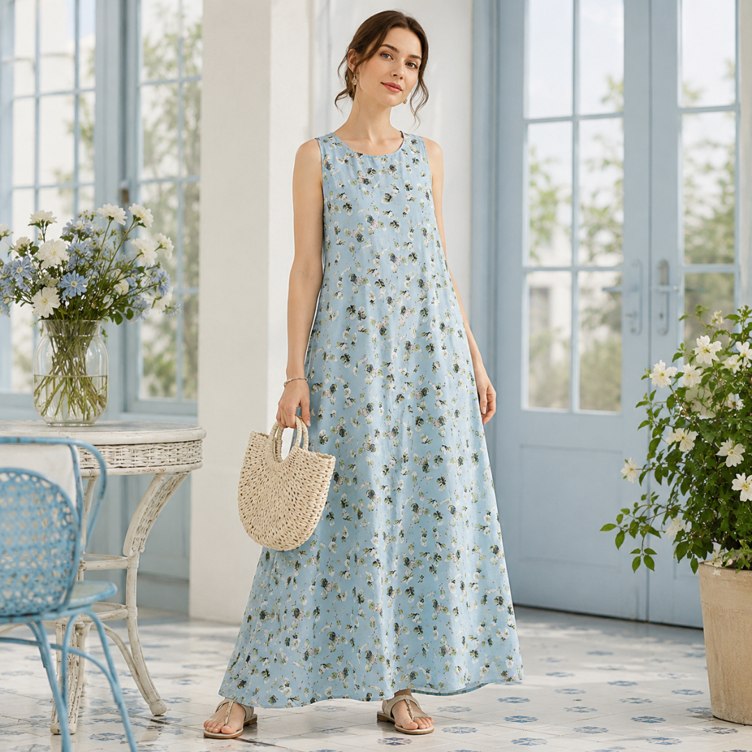 Robe longue bleue à petites fleurs, col rond et jupe évasée, portée avec sandales plates