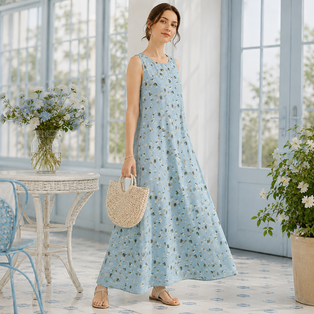 Robe longue bleue fleurie sans manches, tombé fluide jusqu'aux chevilles, panier en paille à la main