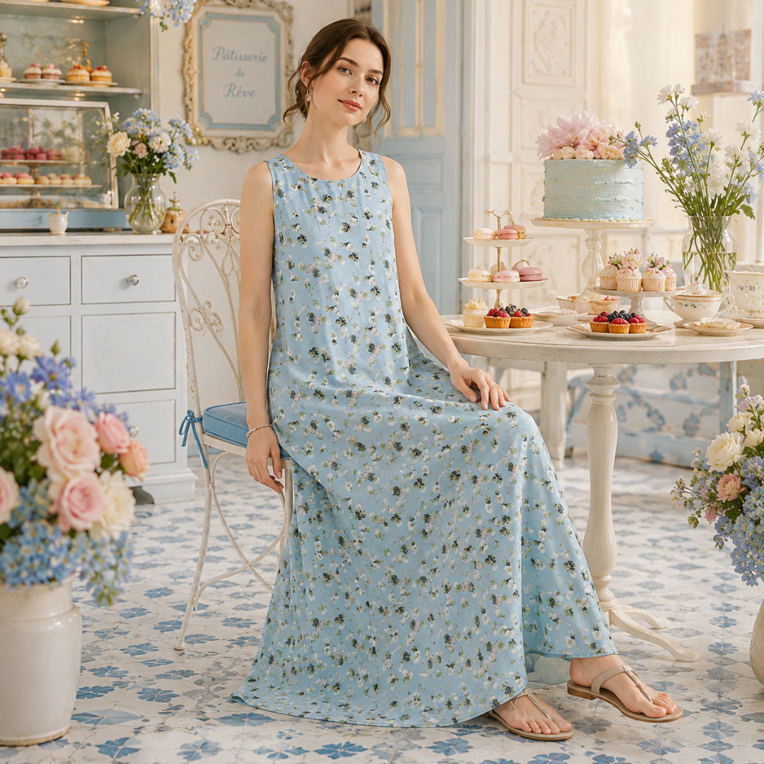 Femme assise en robe longue bleue à imprimé floral, taille non marquée et jupe ample