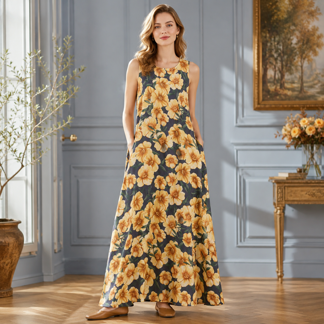 Robe longue à grandes fleurs jaunes sur fond sombre, col rond et poches latérales