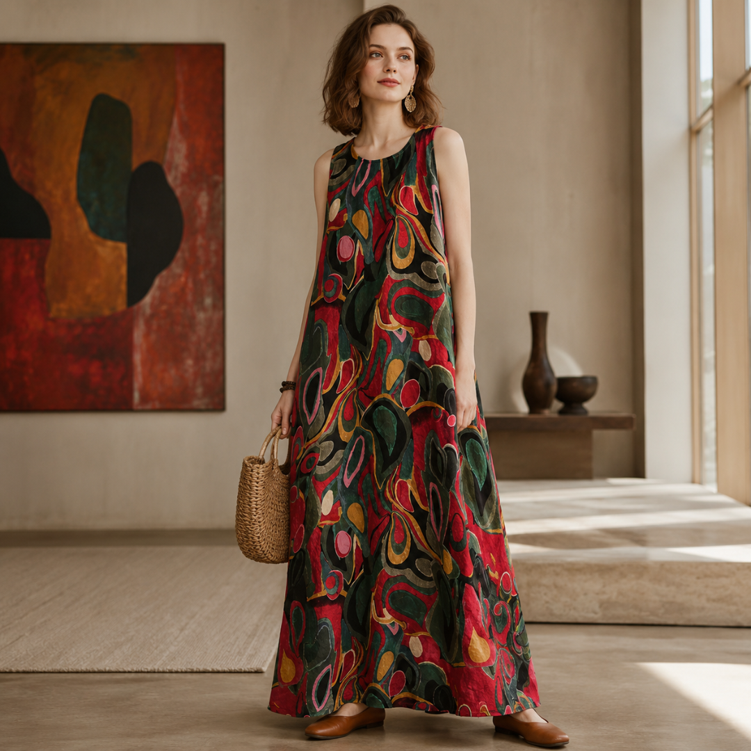 Robe longue rouge à motifs graphiques verts et dorés, silhouette ample et fluide