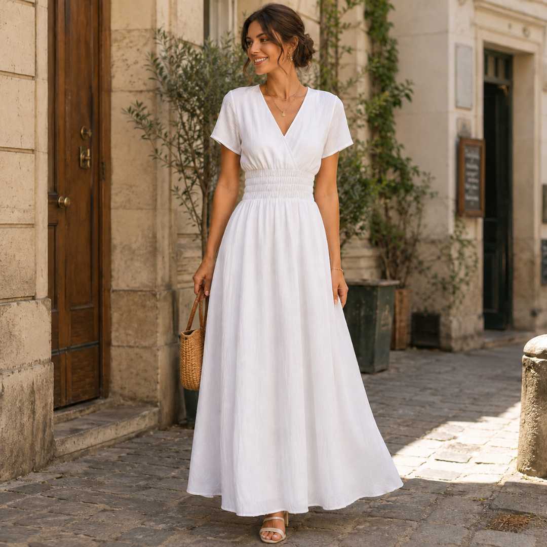 Robe longue blanche à col V cache-cœur, jupe ample tombant aux chevilles