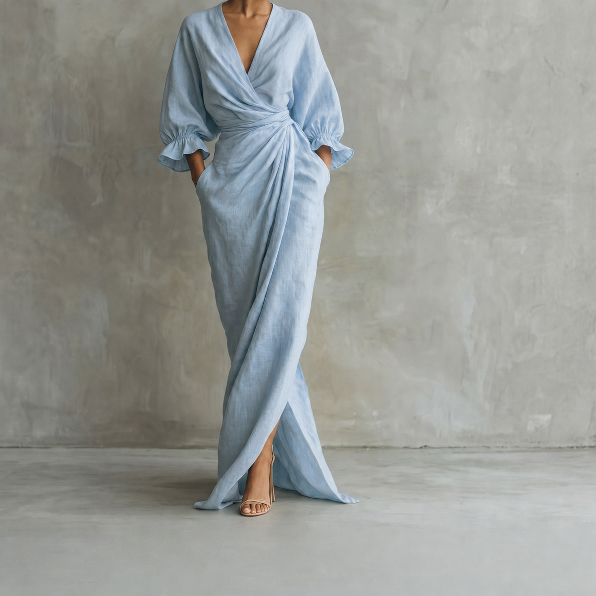 Robe maxi col V drapée en tissu souple bleu clair