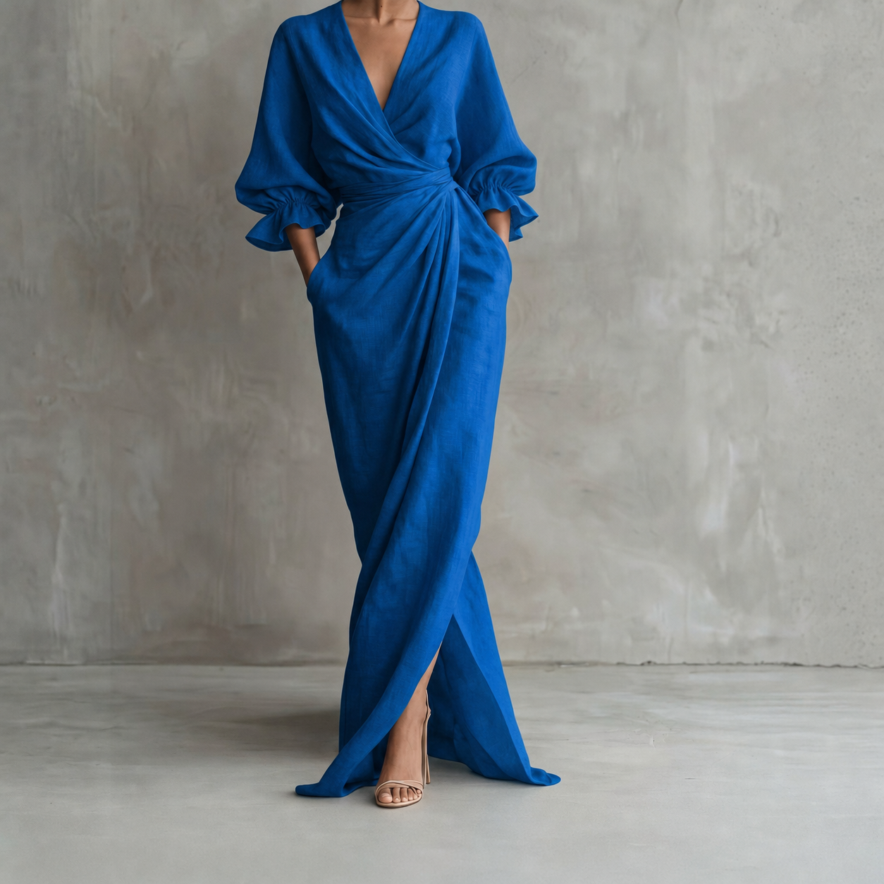 Robe longue cache-cœur bleue avec fente et manches longues fluides