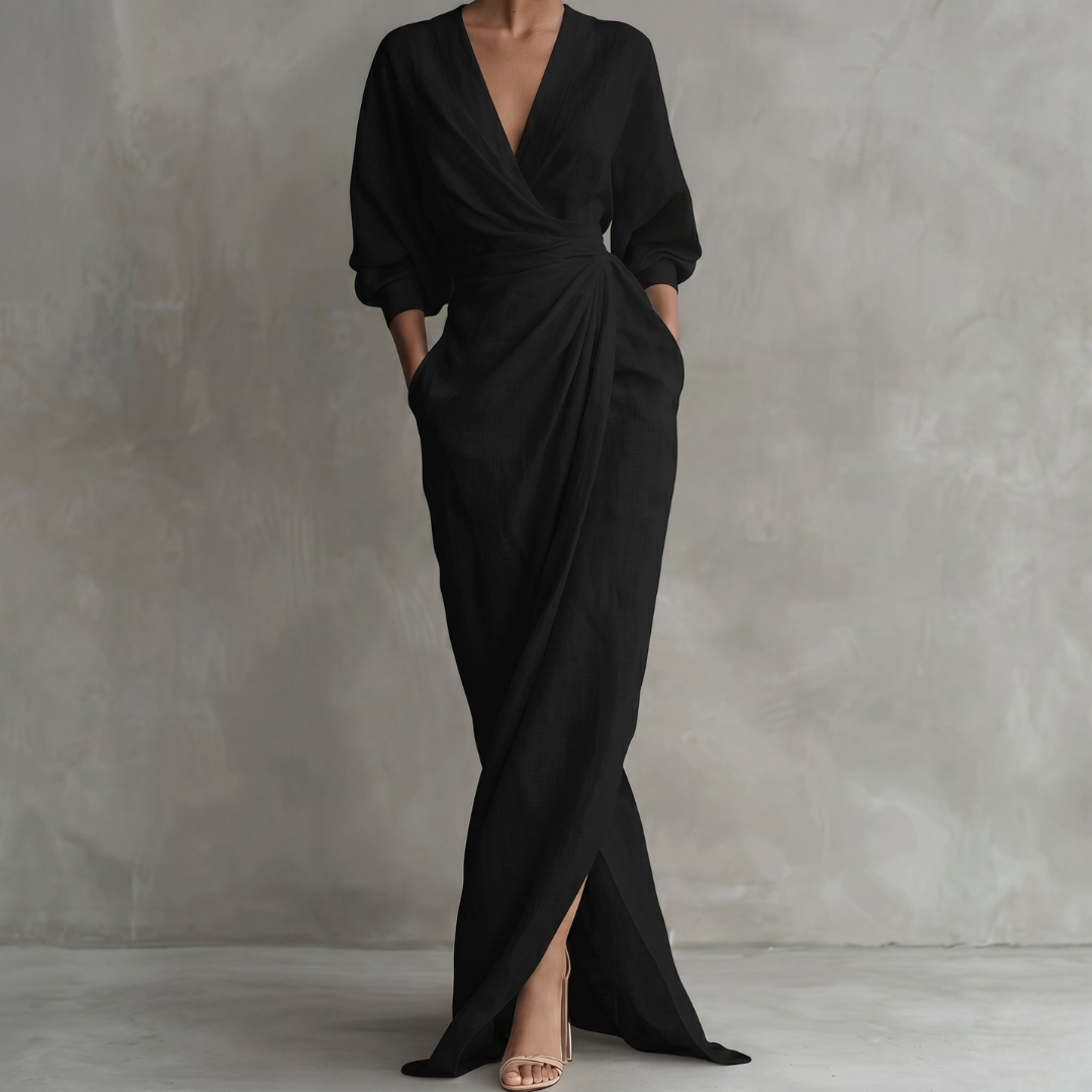 Robe longue cache-cœur col V en tissu souple noir