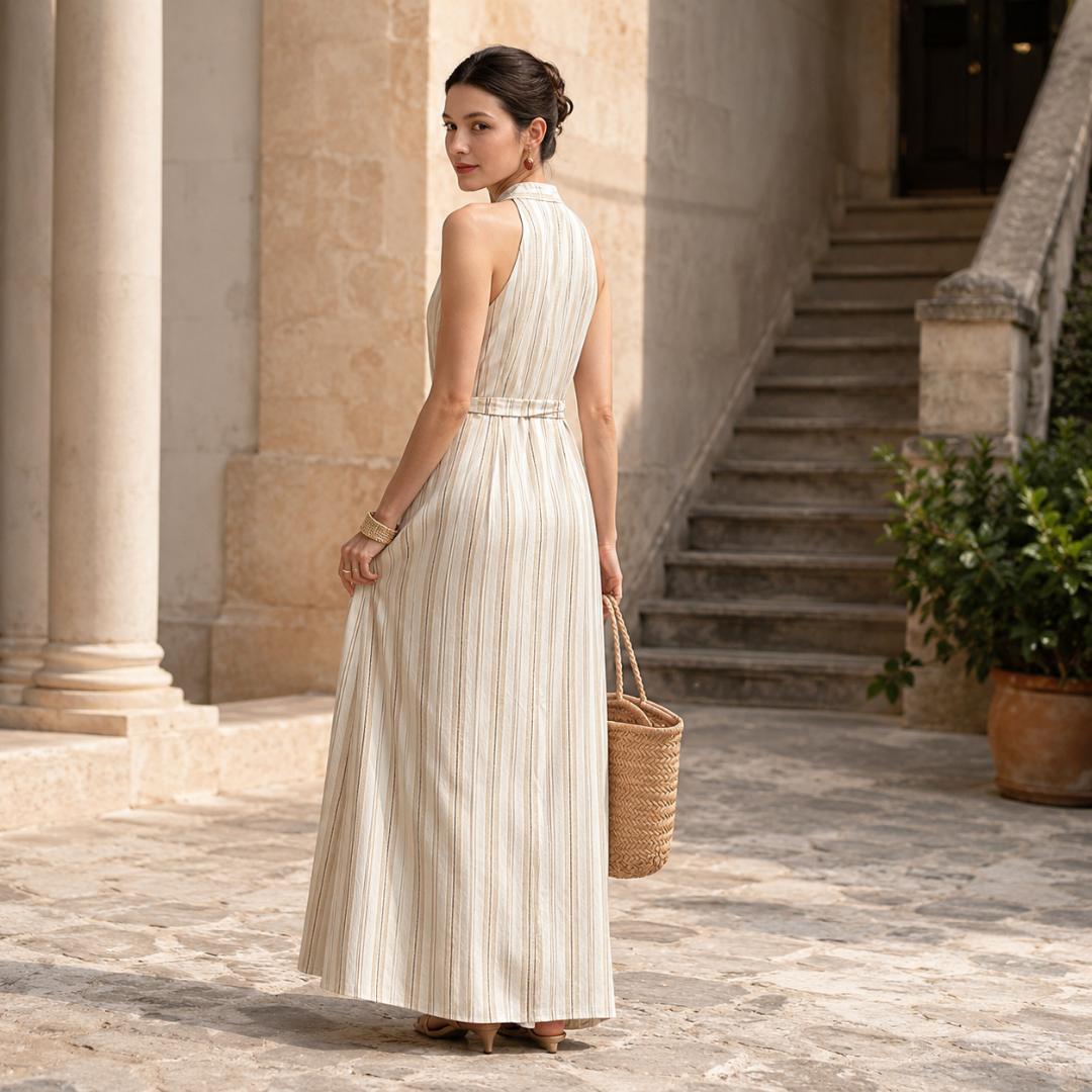 Robe longue rayée beige vue de dos, dos nu et jupe évasée devant un escalier en pierre
