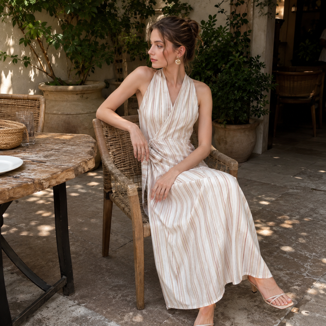 Femme assise en robe longue beige rayée, col halter en V et taille cintrée