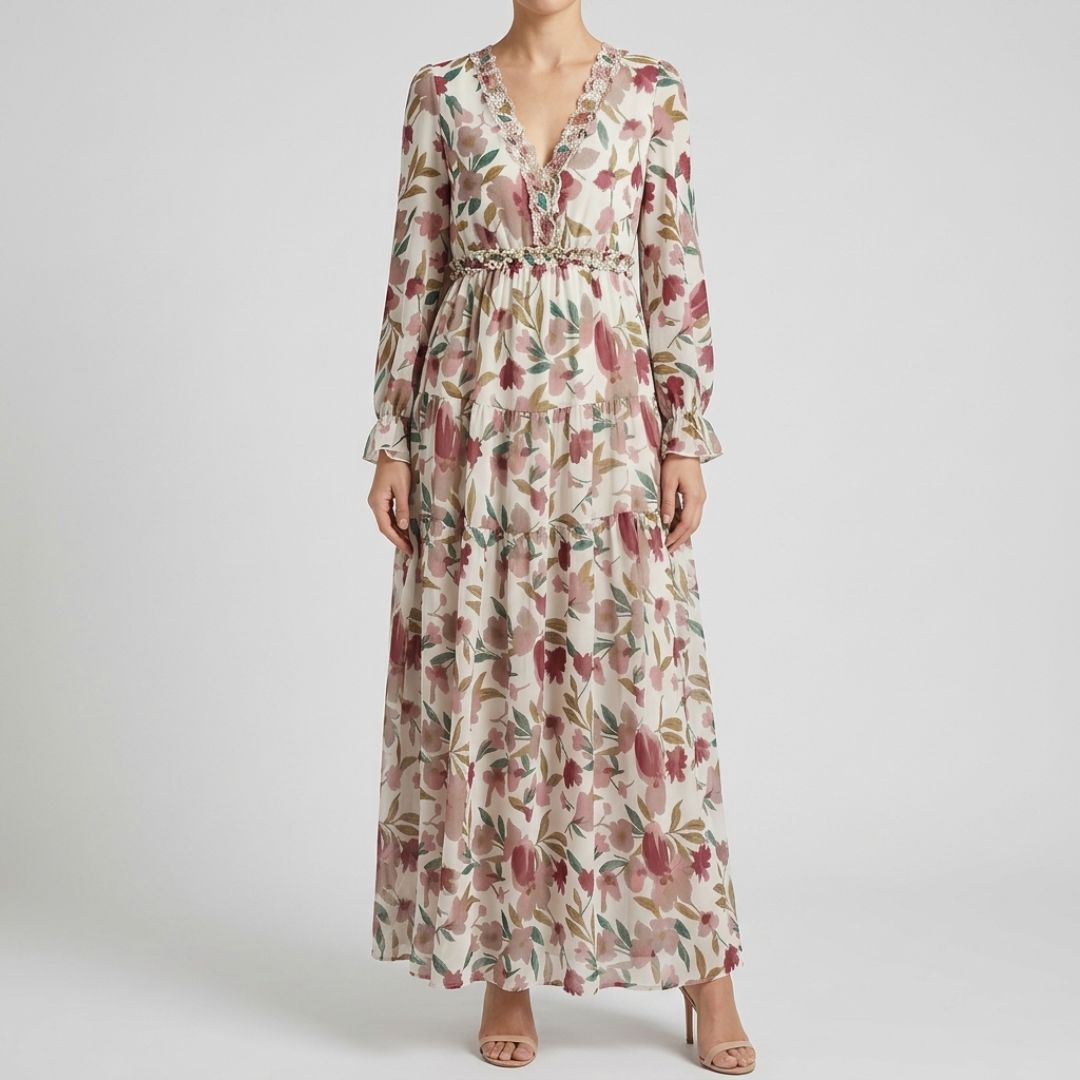 Robe longue femme imprimé floral beige, col V et manches longues, vue de face