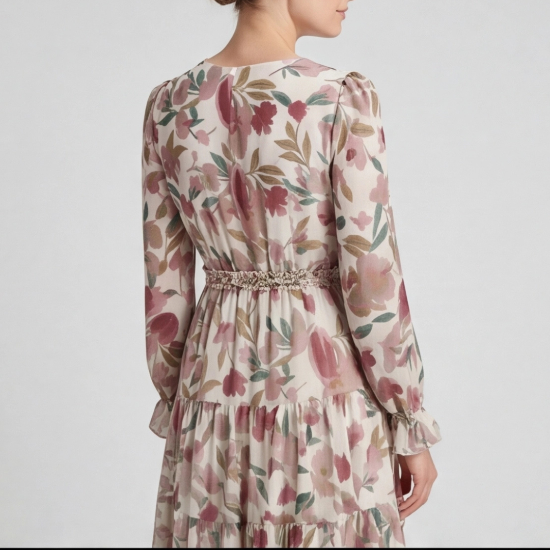 Robe longue fleurie beige, vue trois quarts manches longues fluides