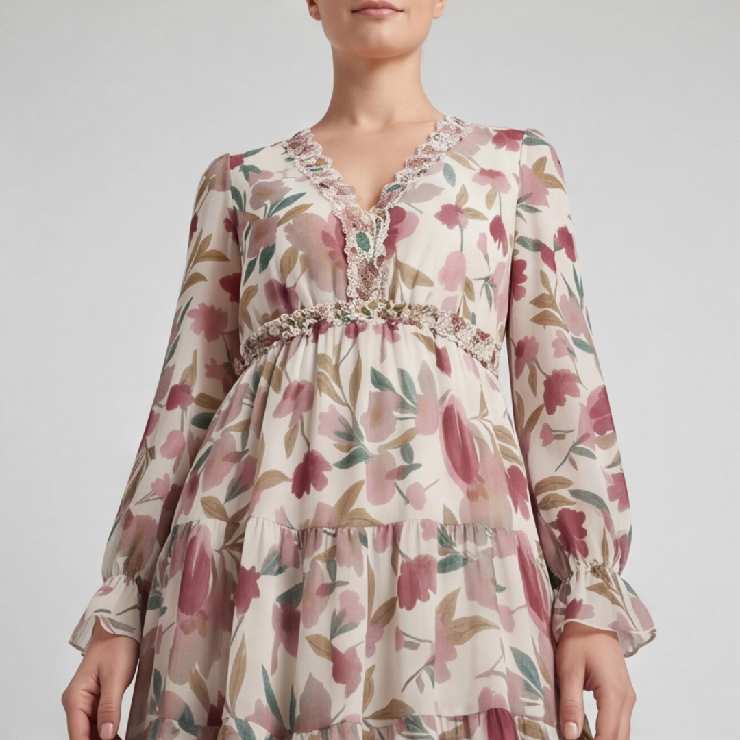 Robe femme longue imprimé floral beige, silhouette complète de face