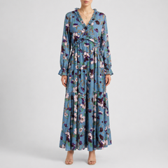 Robe longue femme imprimé floral bleu, col V et manches longues