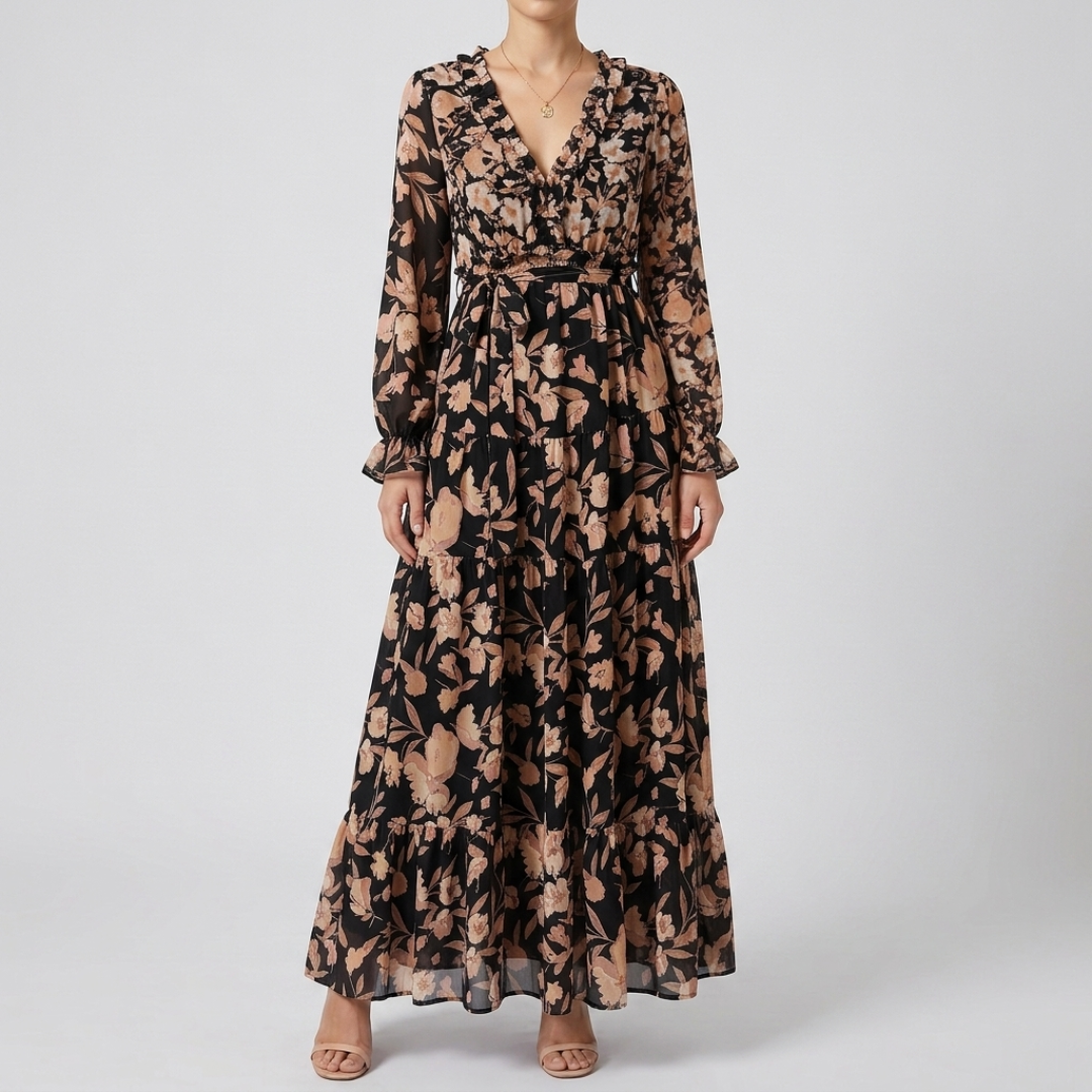 Robe longue bohème marron à fleurs, coupe fluide manches longues