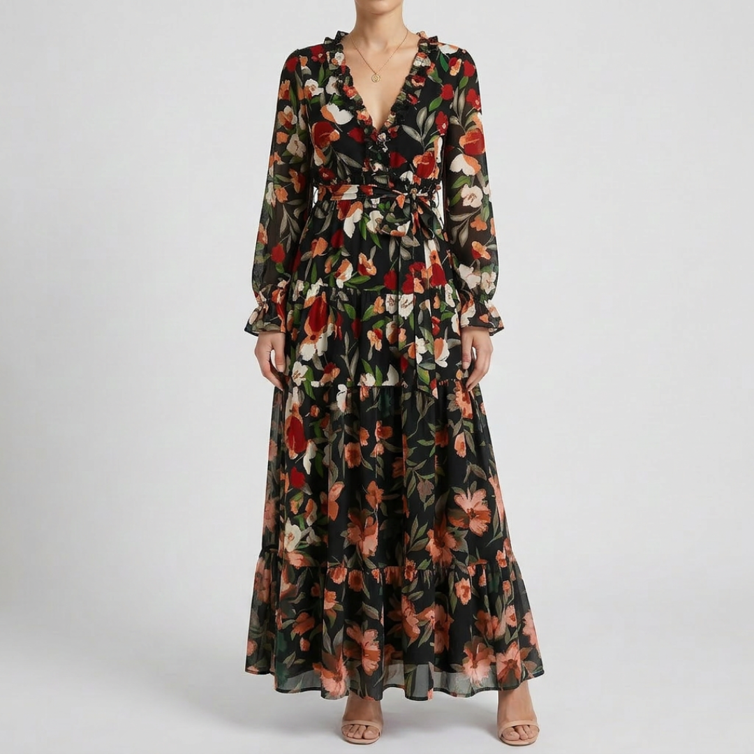 Robe longue femme imprimé floral noir, silhouette bohème manches longues
