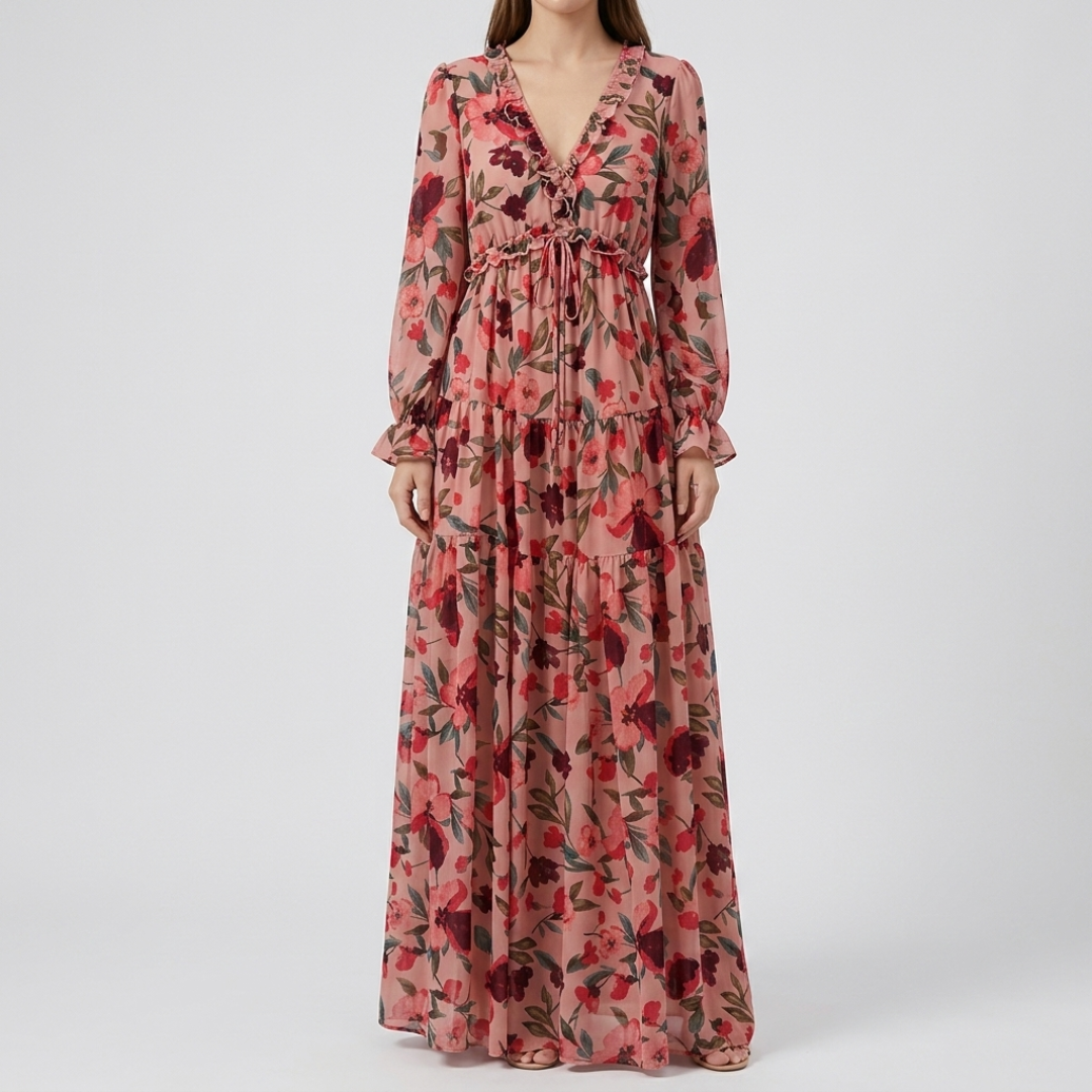 Robe longue fleurie rose clair, manches longues et col V féminin