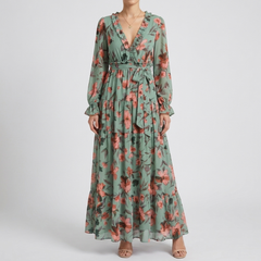 Robe femme longue imprimé floral vert sauge, col V élégant