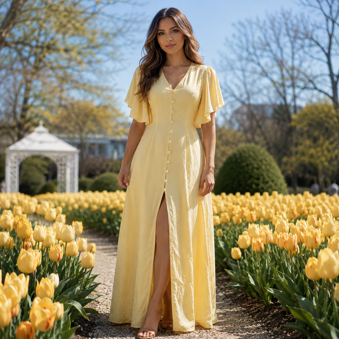 Robe longue jaune col V boutonnée, manches volantées, portée dans un jardin de tulipes