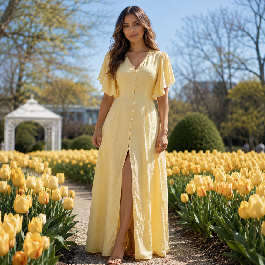 Robe longue jaune col V boutonnée, manches volantées, portée dans un jardin de tulipes