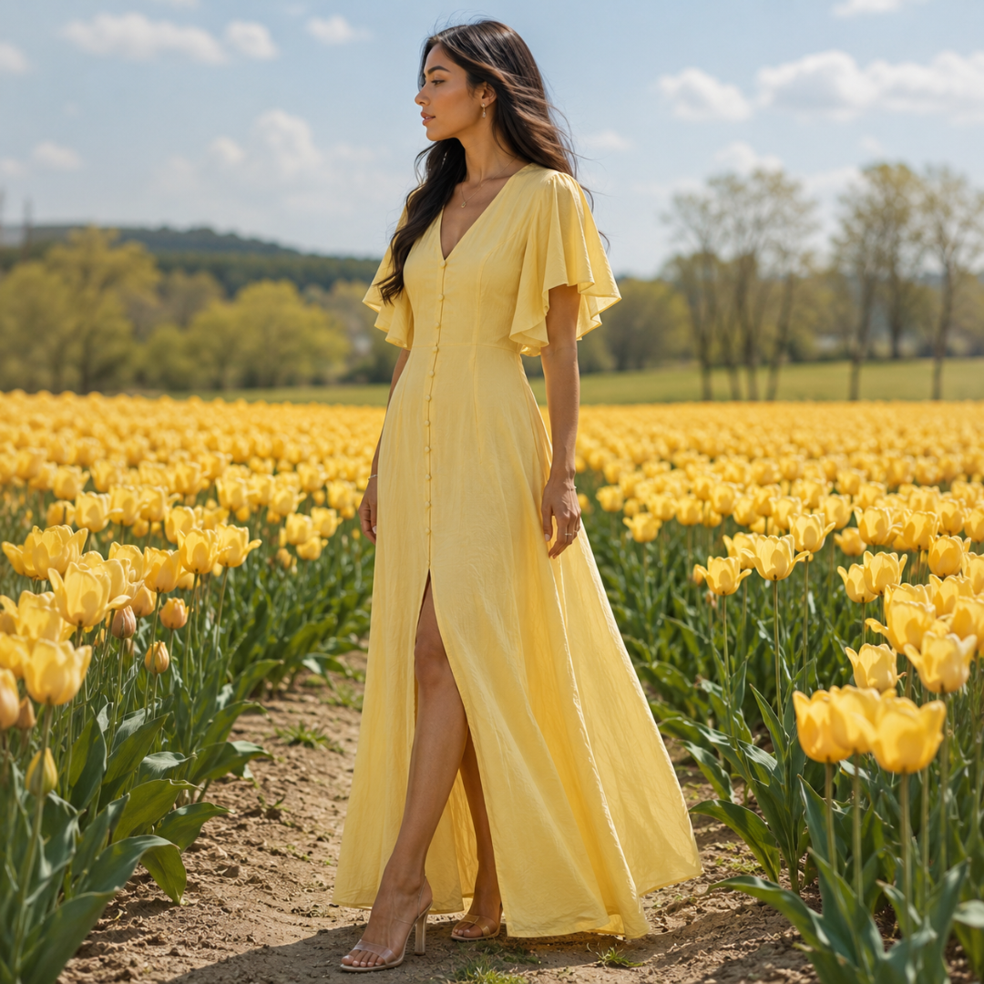 Robe longue jaune vue de profil, jupe évasée et fente devant dans un champ fleuri